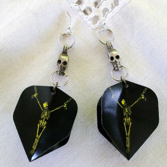 Goth Skeleton Dart Flight Tips Pewter Skulls Handcrafted Sweeper XL Earrings - Picture 1 of 10